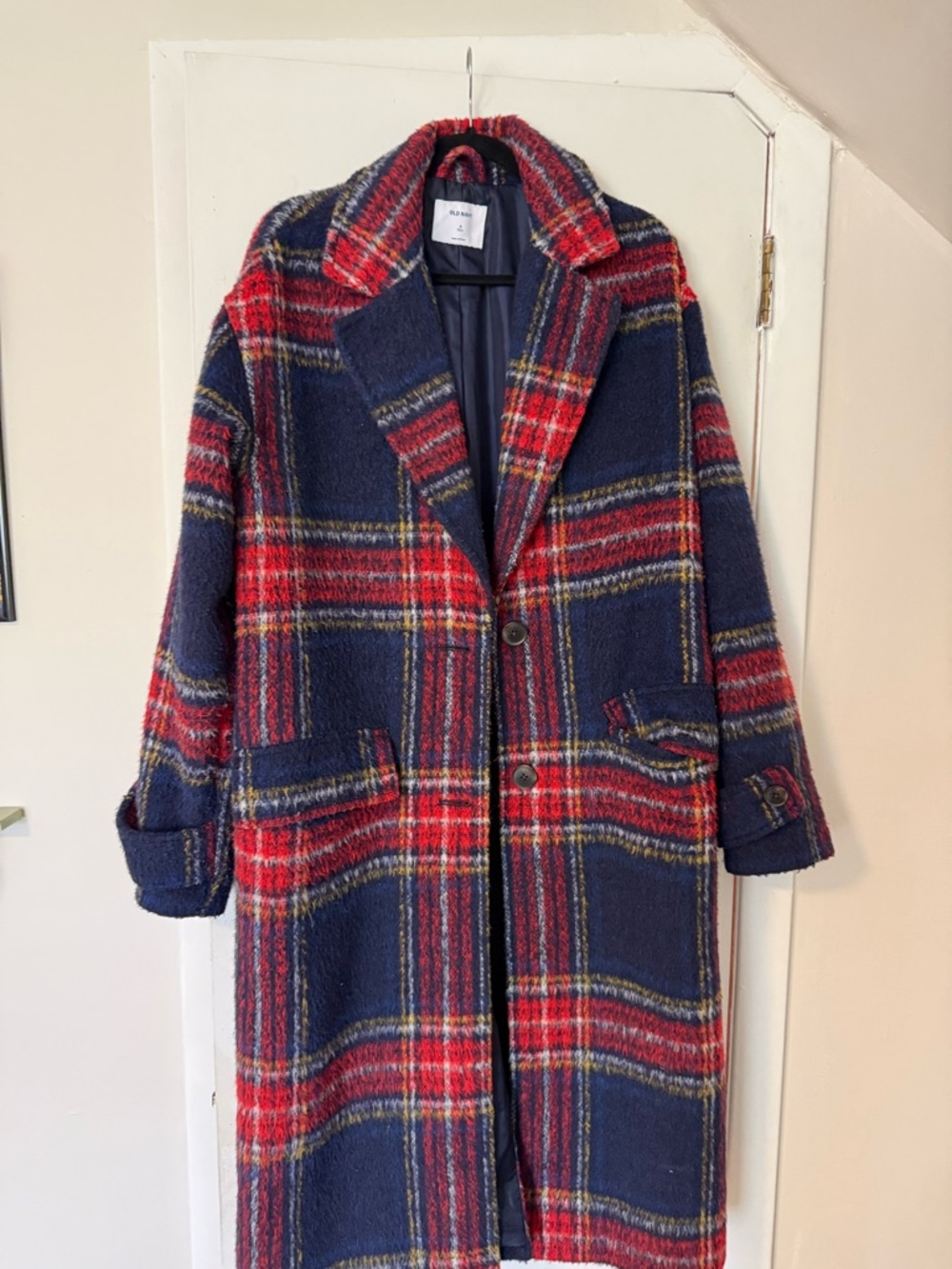 Old Navy Navy & Red Plaid Wool-Blend Long Trench Coat